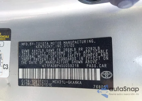 2005 Toyota Camry Solara Se z USA, uszkodzony, nr VIN 4T1FA38P45U059218